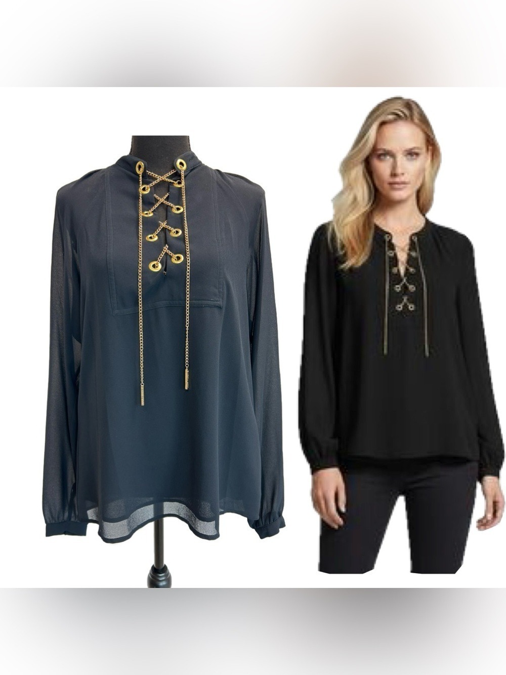 Michael Kors Navy Blue Lace-Up Long-Sleeve Blouse Gold Hardware Sz M